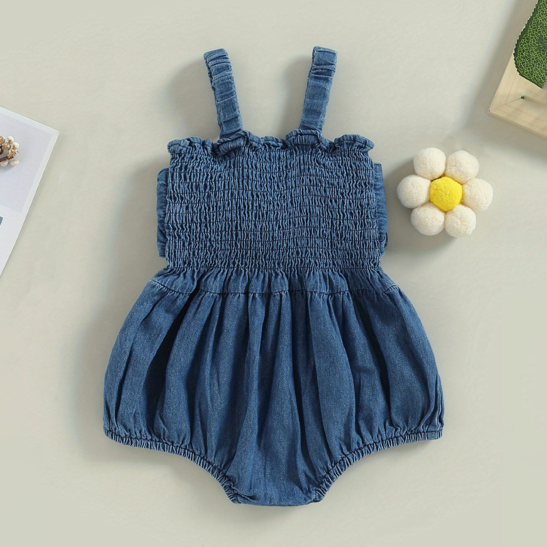 Chic Solid Color Printed Sleeveless Denim Baby Romper