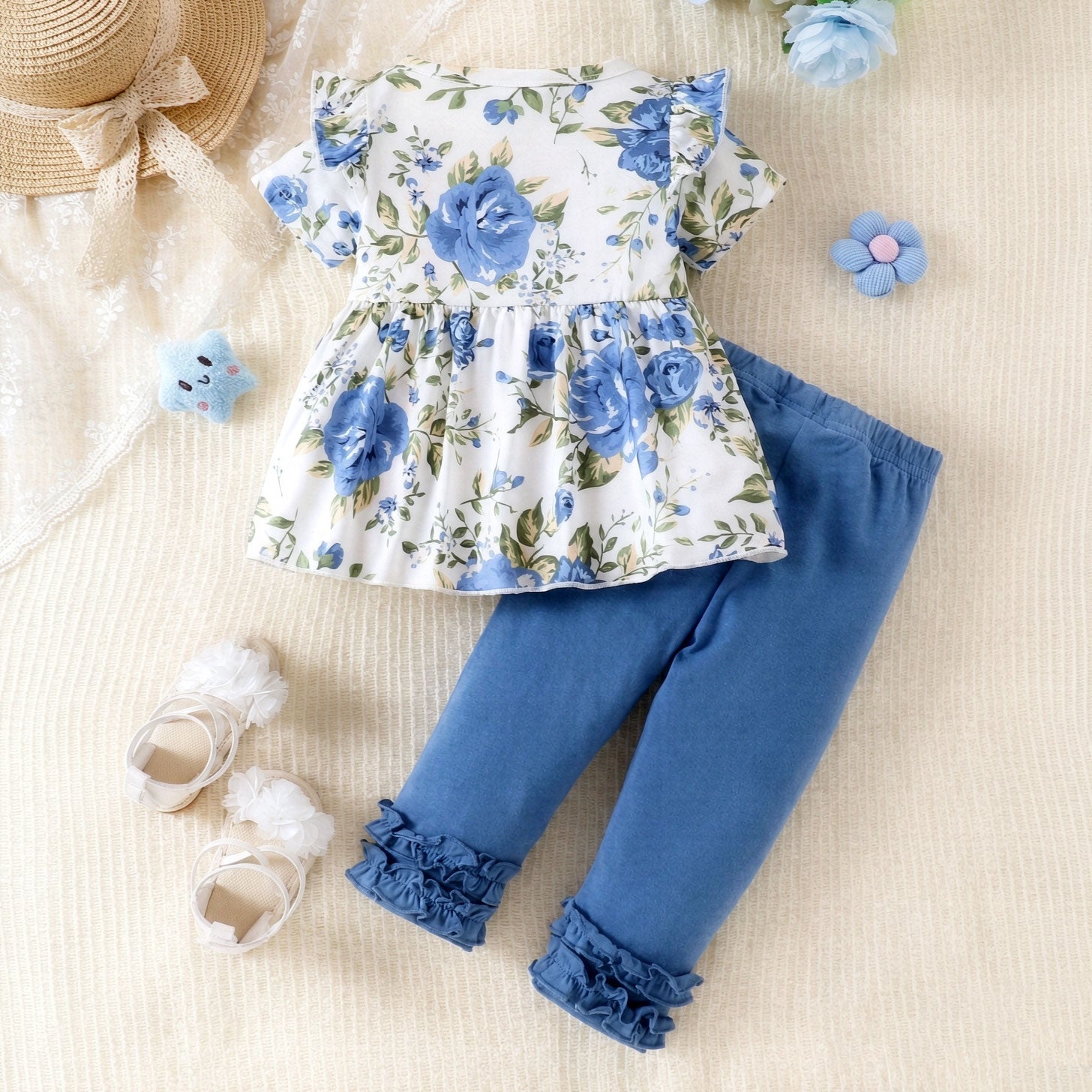 2PCS Grace Floral Printed Ruffle Decor Short Sleeve Baby Set
