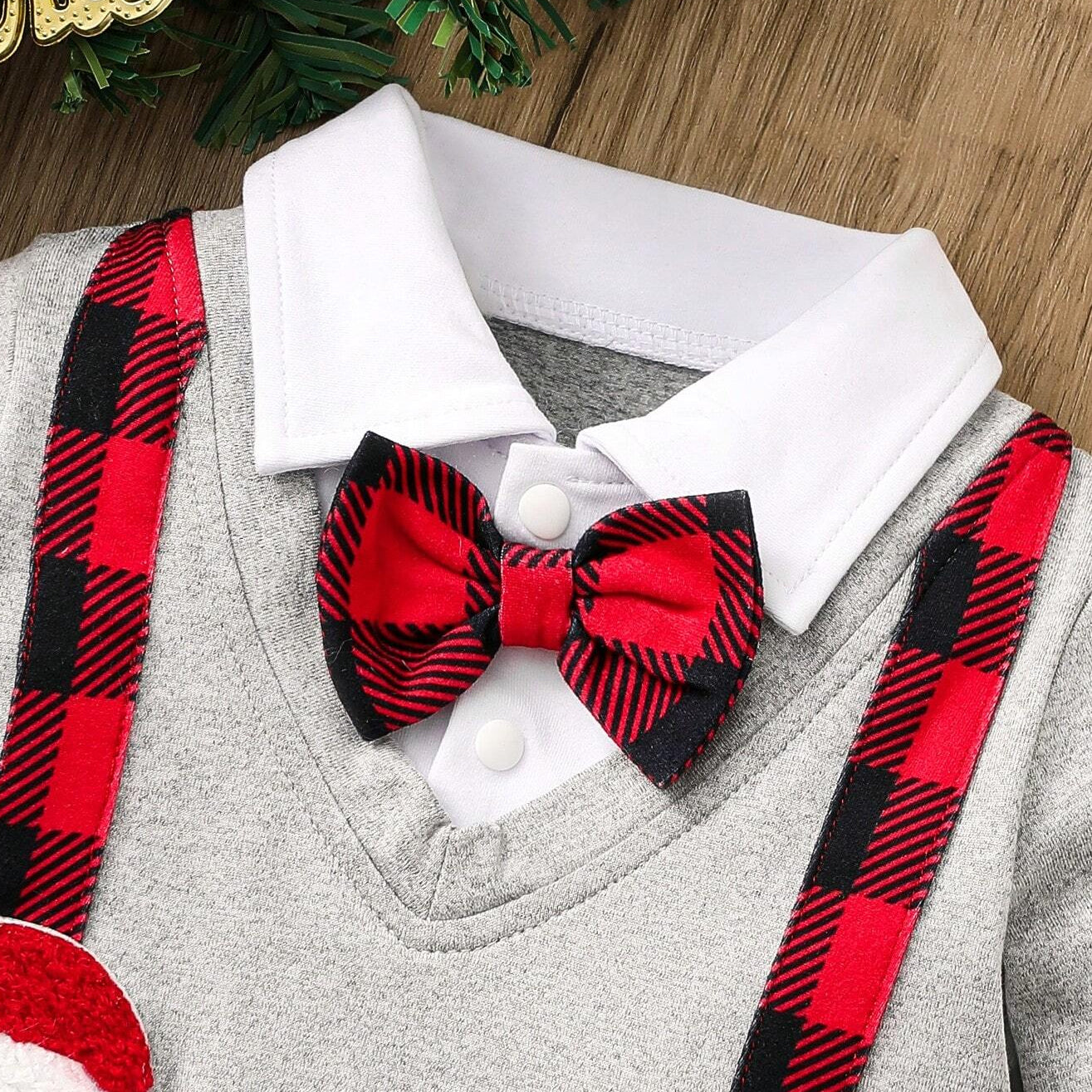 2PCS Santa Claus Plaid Printed Long Sleeve Baby Set