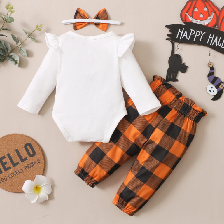 3PCS My First Halloween Letter Pumpkin Printed Plaid Baby Set