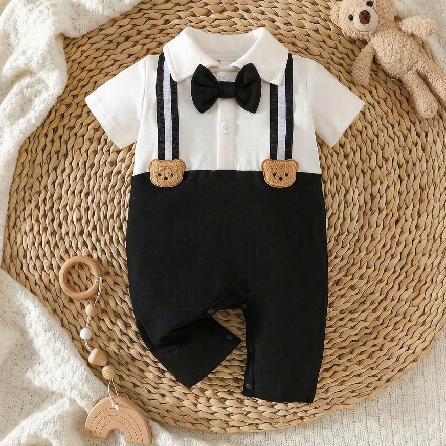 Casual Bear Appliqué Short Sleeve Baby Jumpsuit