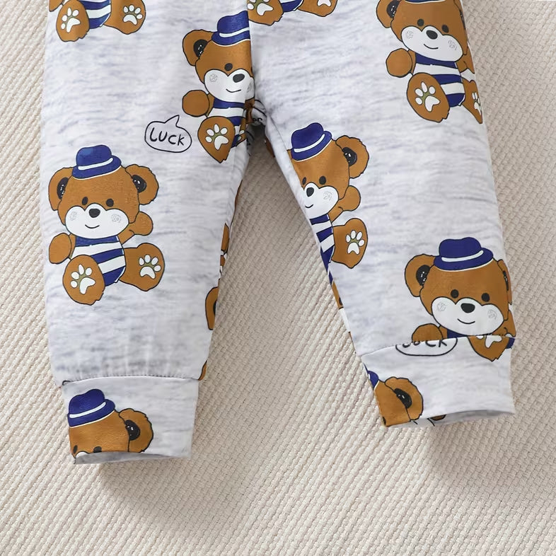 3PCS Hello Bear Letter Teddy Bear Print Long Sleeve Baby Boy Set