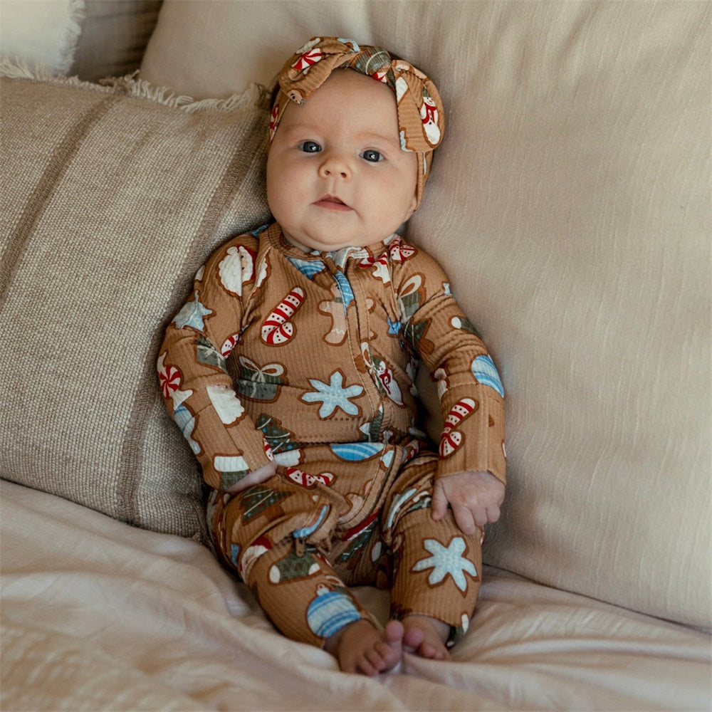2PCS Sugar Cookies Print Ribbed Zip Baby Jumpsuit