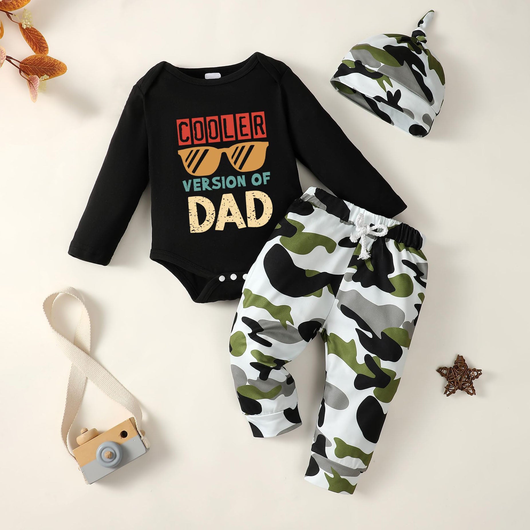 3PCS Cooler Version of Dad Letter Camouflage Printed Baby Set