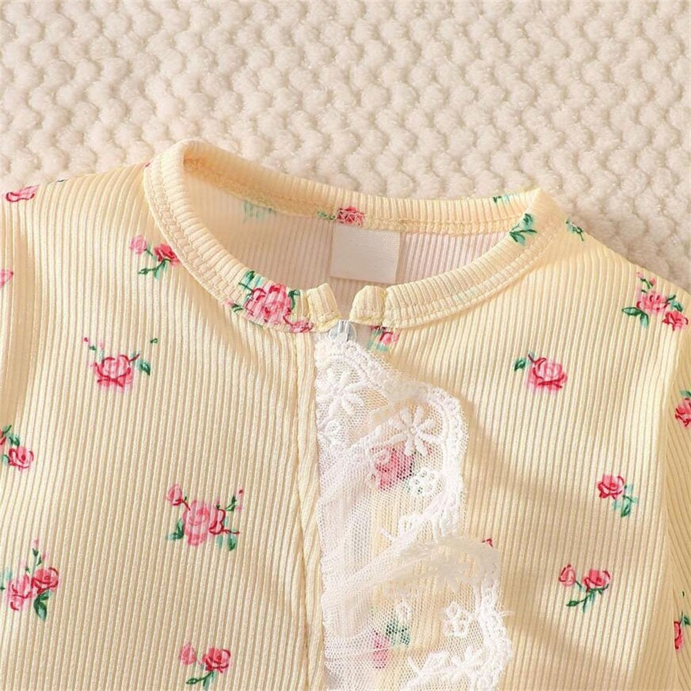 2PCS Lovely Floral Printed Ruffle Lace Zipper Long Sleeve Baby Jumpsuit