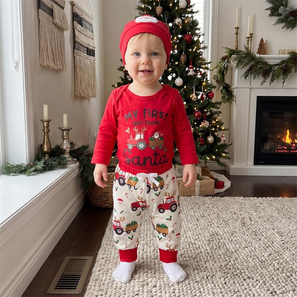 3PCS My First Visit From Santa Letter Tractor Printed Applique Baby Set