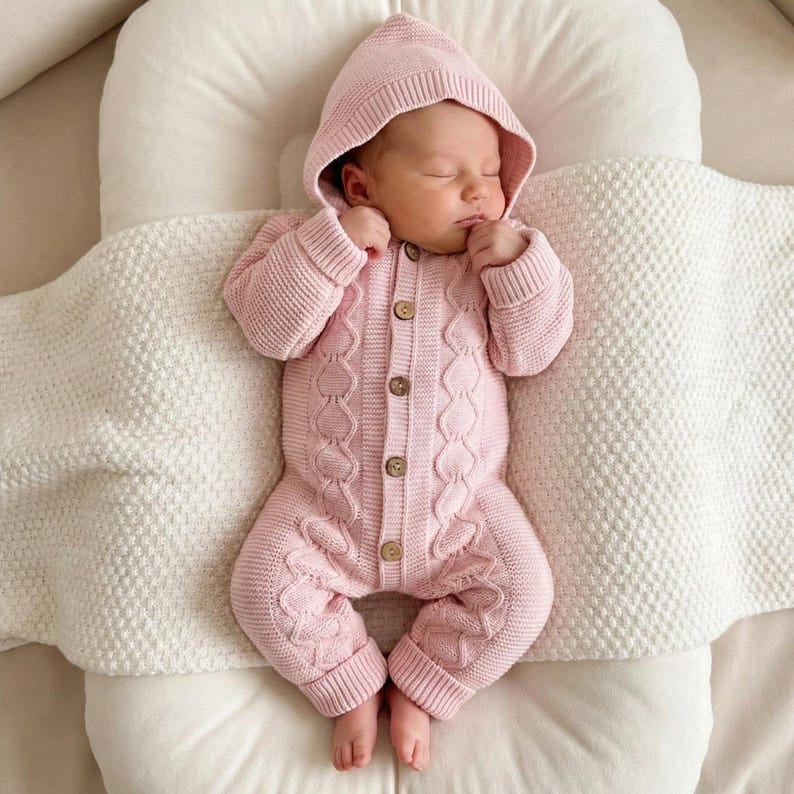 Comfy Solid Color Long Sleeve Hoodie Baby Knit Jumpsuit