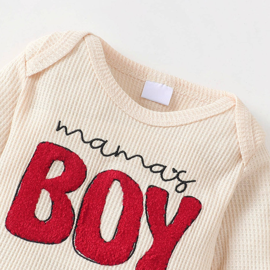 3PCS Mama's Boy Letter Print Waffle Long Sleeve Baby Set