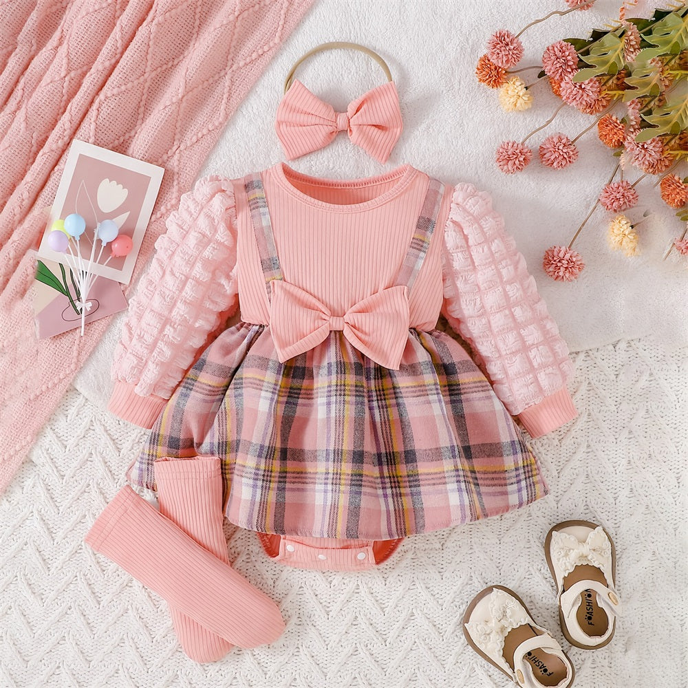 3PCS Sweet Plaid Print Puff Sleeve Baby Romper
