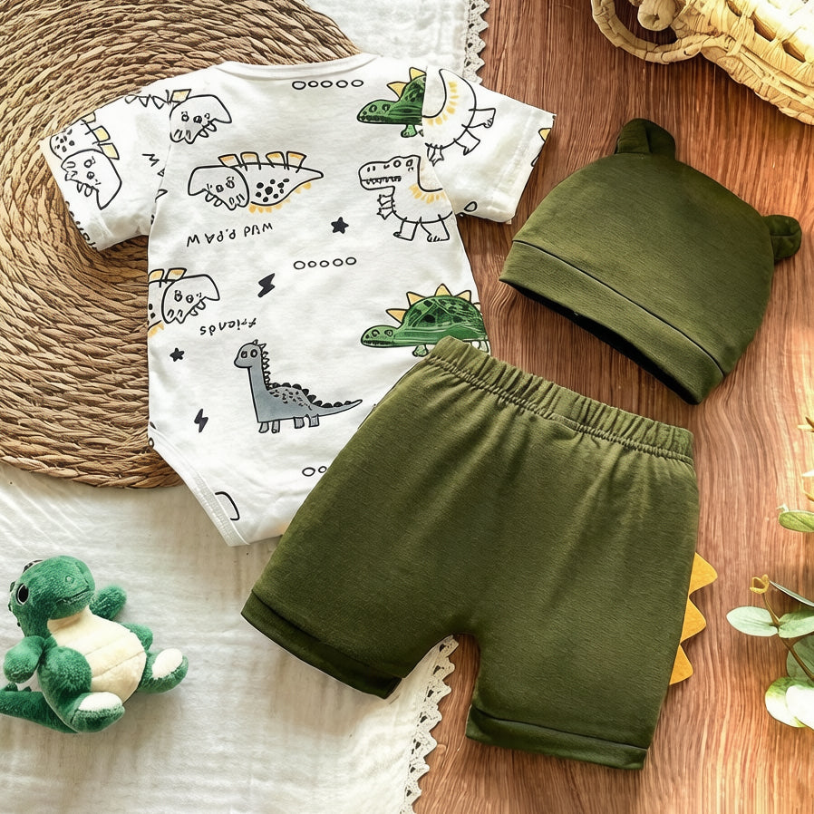 3PCS Cute Wild Paw Letter Dinosaur Print Short Sleeve Baby Boy Set