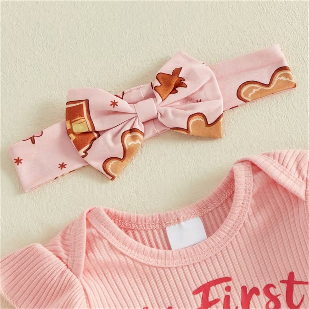 3PCS My First Christmas Letter Gingerbread Print Baby Girl Set