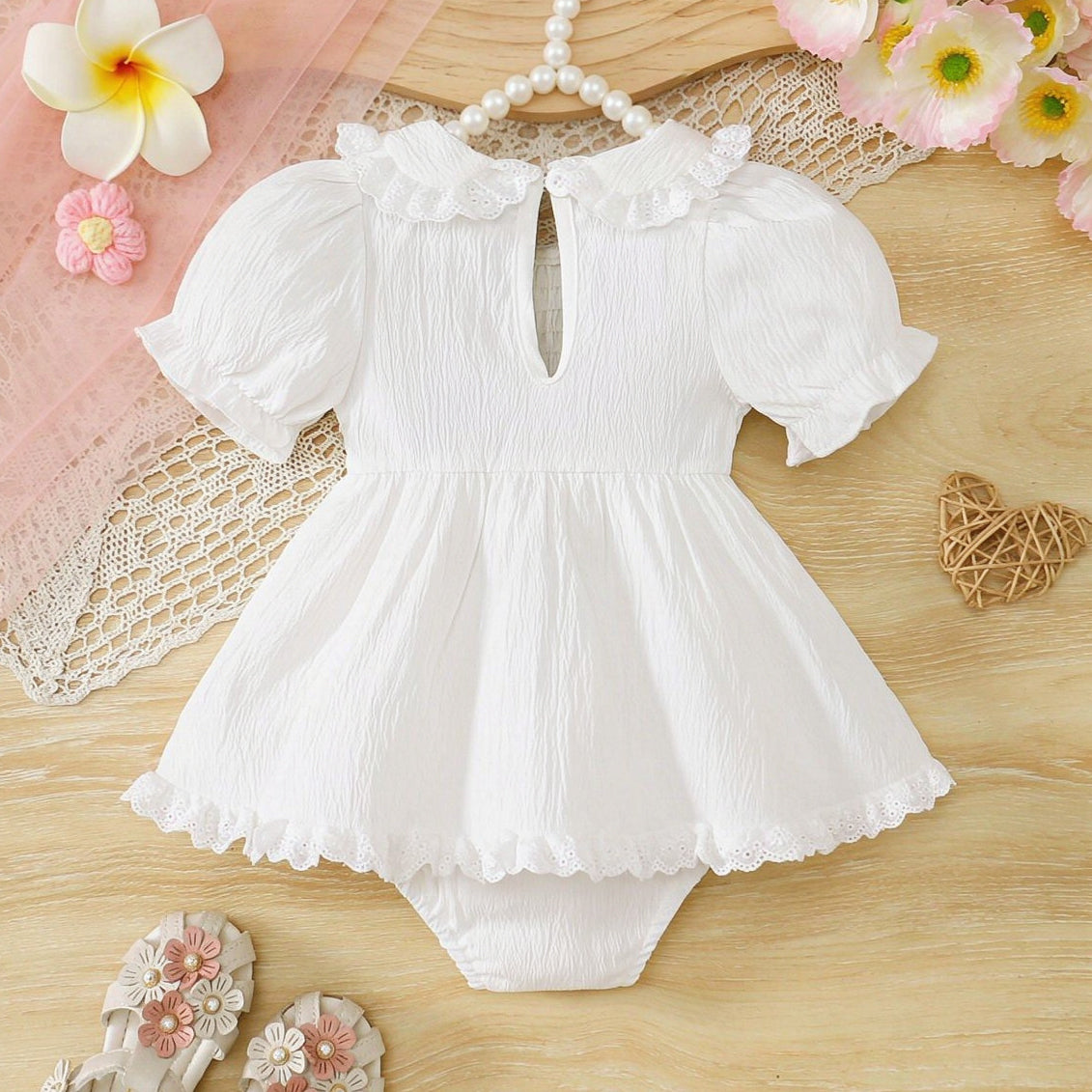 Sweet Floral Applique and Lace Trim Puff Sleeve Baby Girl Romper