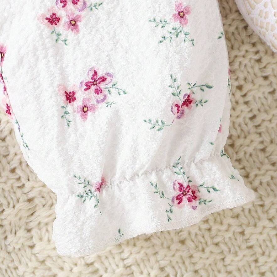 2PCS Allover Floral Printed Ruffle Long Sleeve Baby Girl Jumpsuit