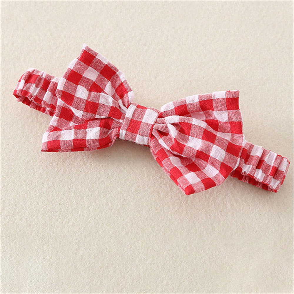 2PCS Stylish Plaid Printed Lace Trim Collar Short Sleeve Baby Jumpsuit