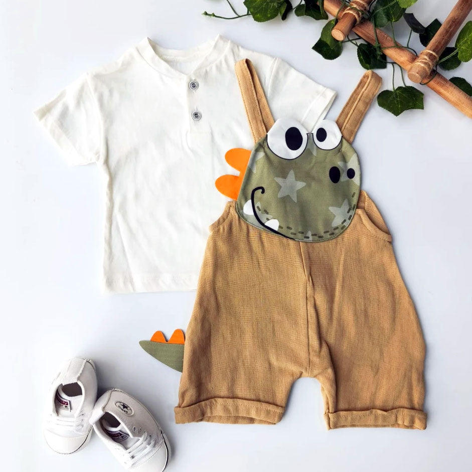 2PCS Crocodile Printed Short Sleeve Overalls Baby Set