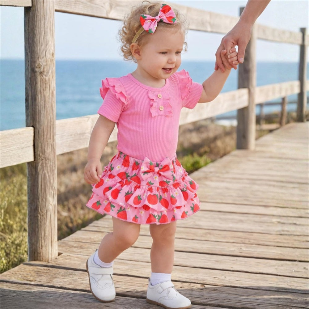 3PCS Summer Sweet Strawberry Printed Short Sleeve Baby Set