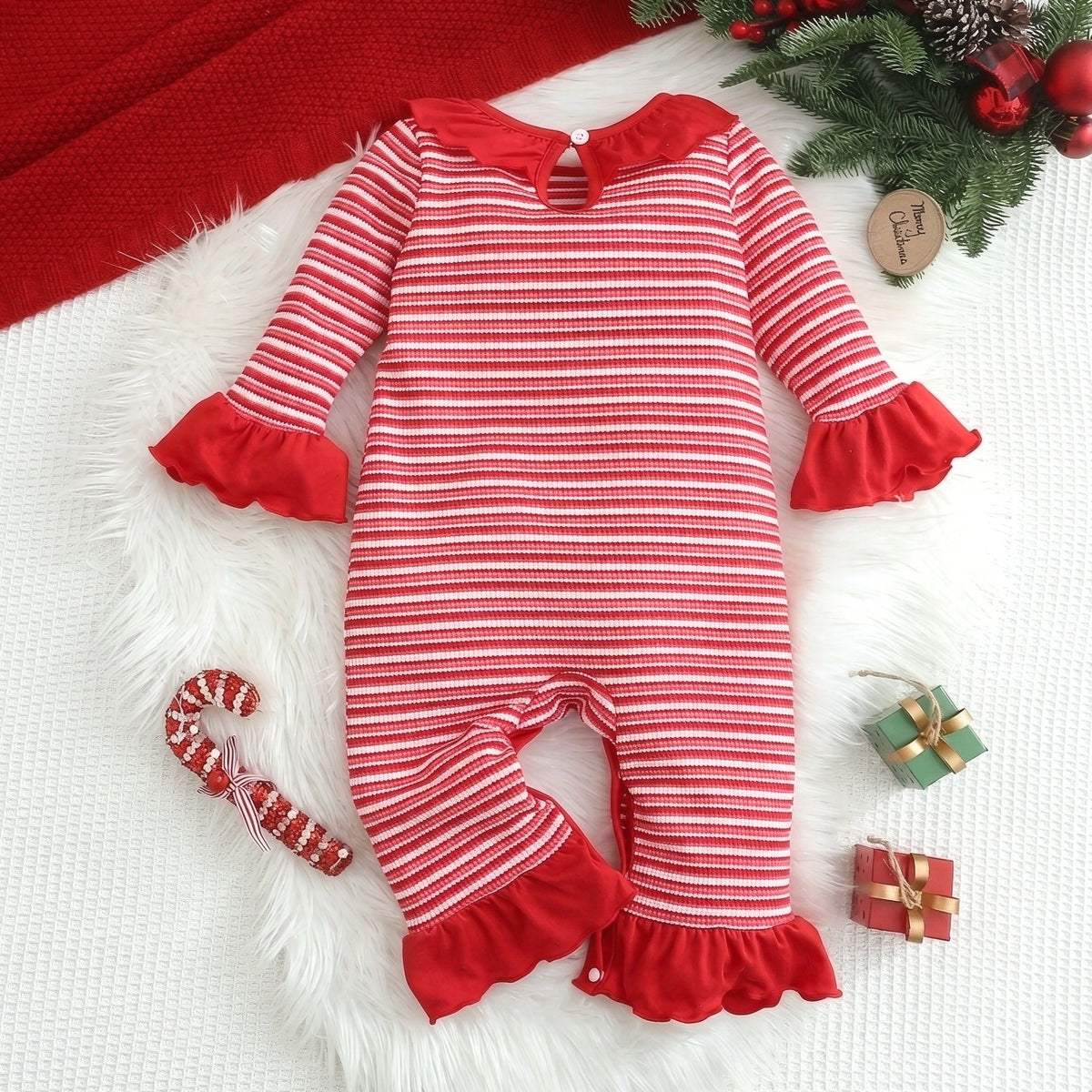 Santa Claus Applique Striped Knit Baby Girl Christmas Jumpsuit