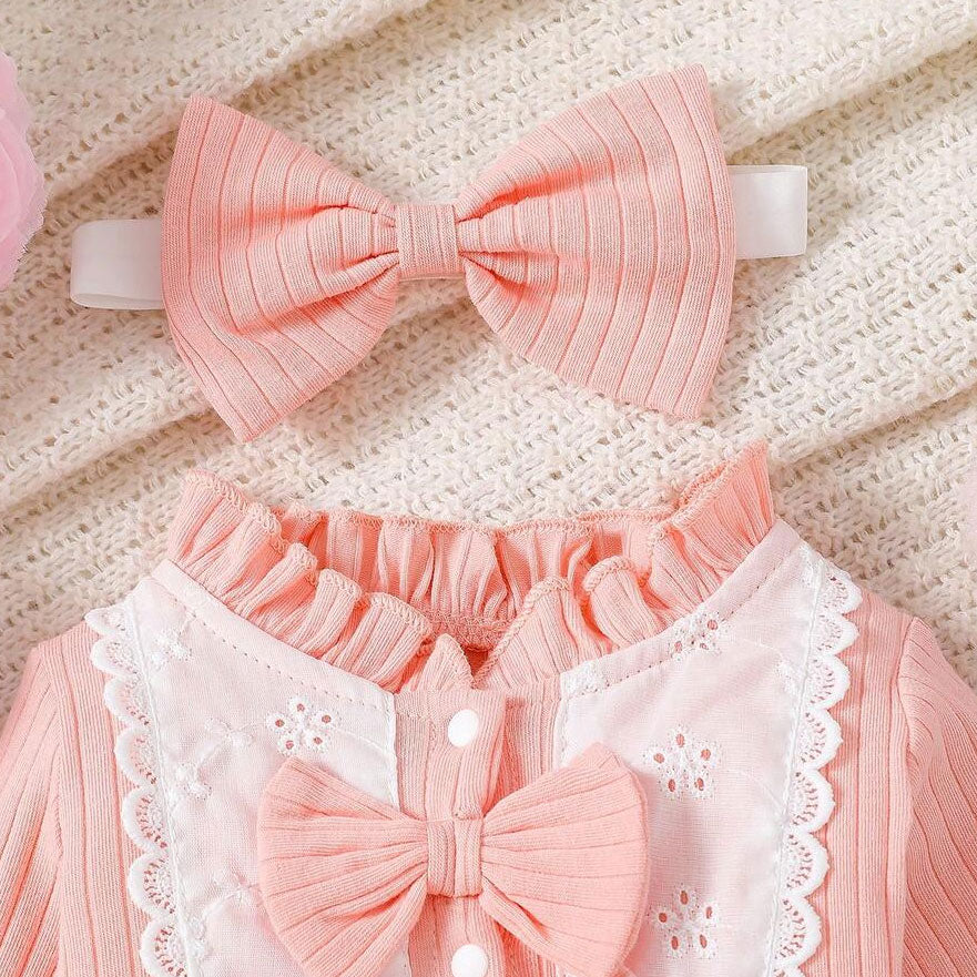 2PCS Grace Lace Bowknot Decor Long Sleeve Baby Girl Jumpsuit