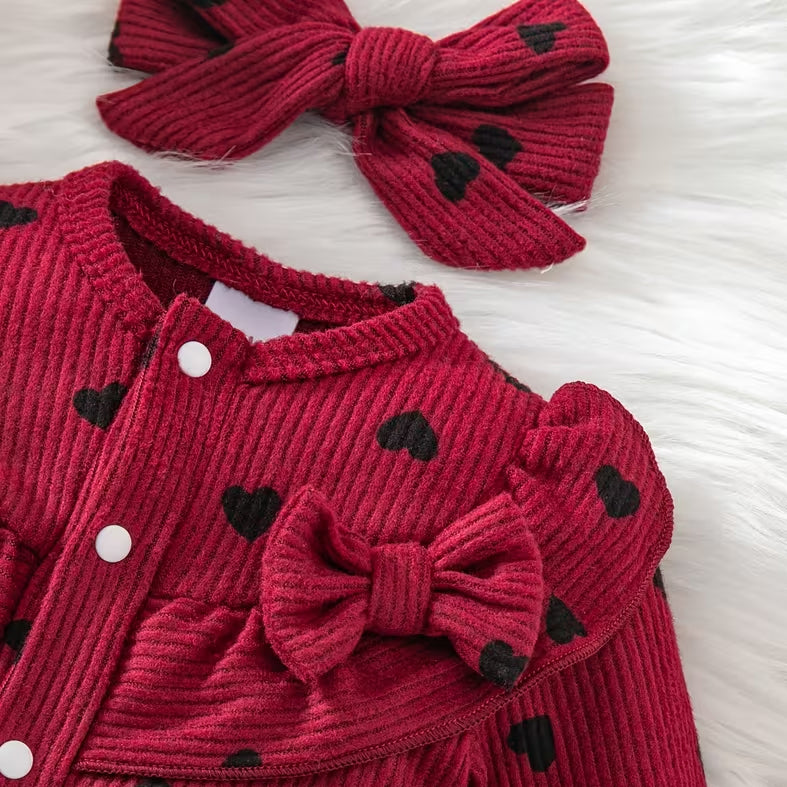 2PCS Lovely Baby Girl Heart Printed Bow Long Sleeve Jumpsuit