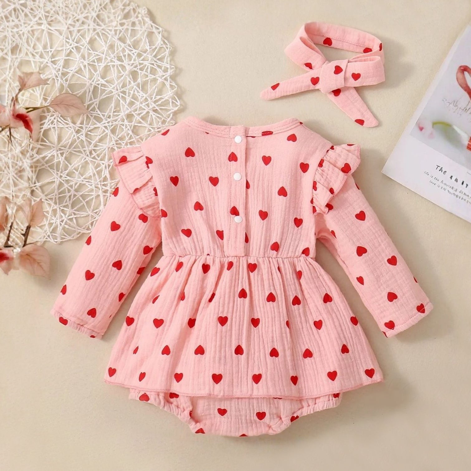 2PCS Grace Heart Print Long Sleeve Baby Romper