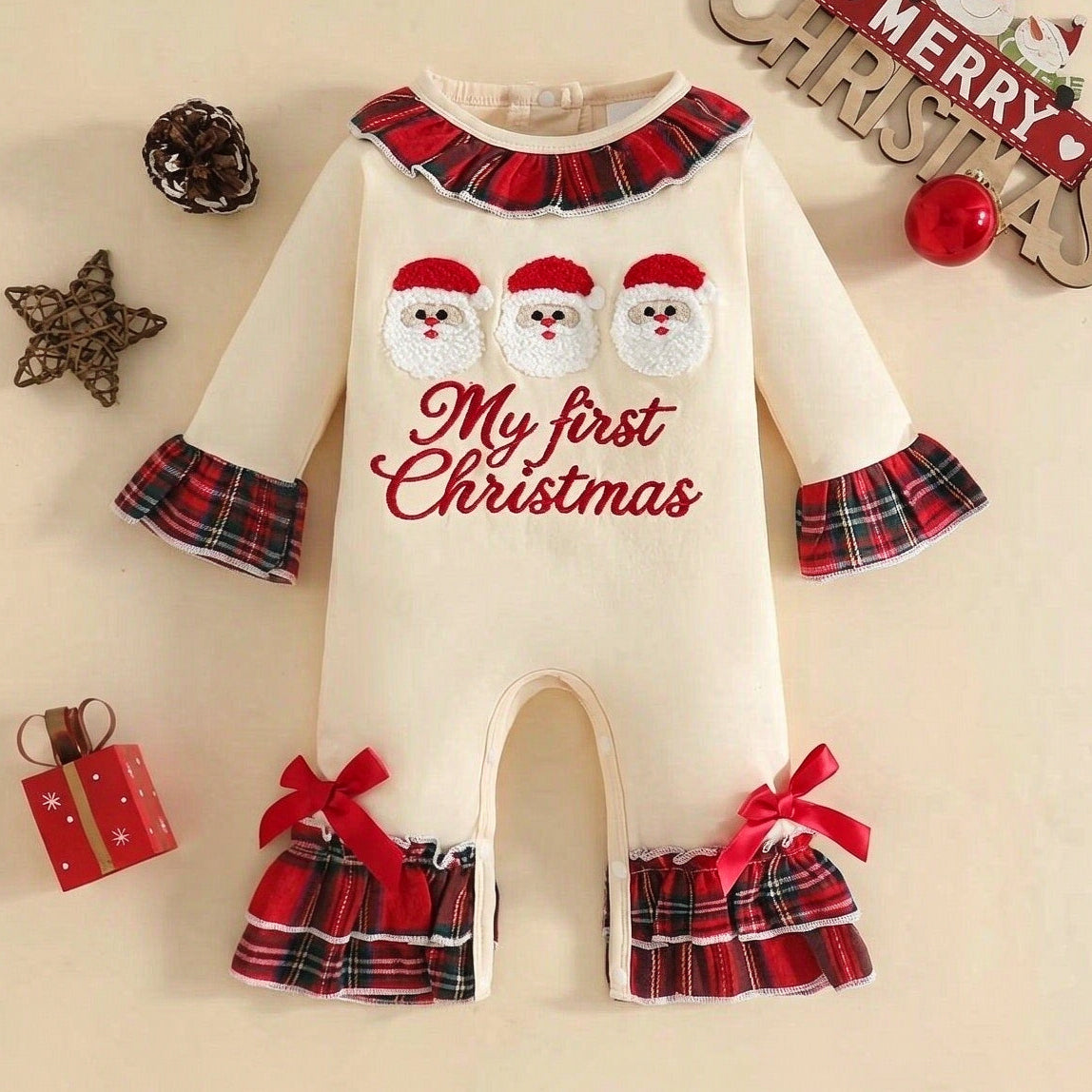 Baby Girl Letter Embroidery Santa Applique Plaid Print Long Sleeve Jumpsuit