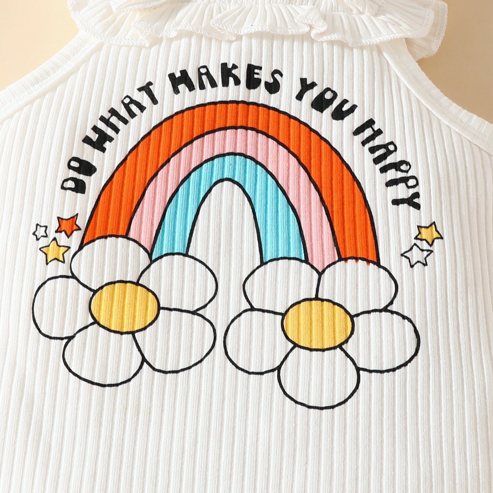 3PCS Happy Phrase Rainbow & Floral Print Sleeveless Baby Set