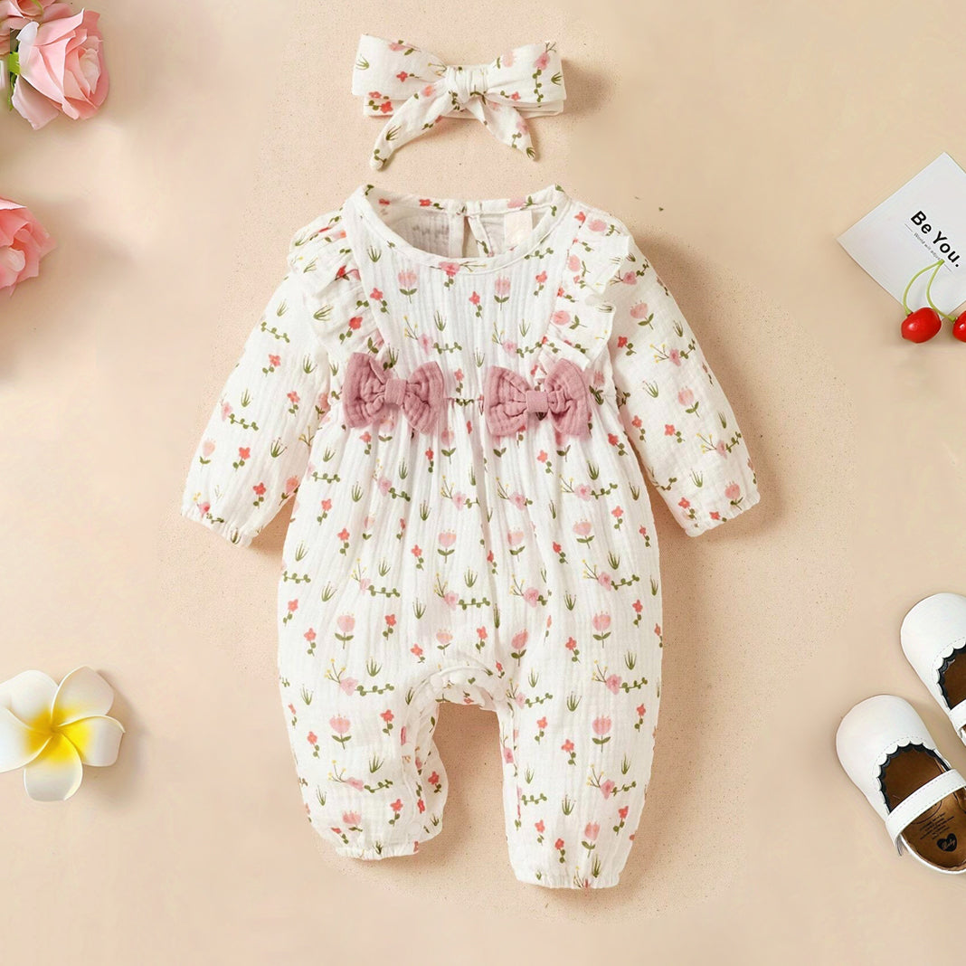 2PCS Casual Floral Printed Ruffled Bow Decoration Baby Jumpsuit