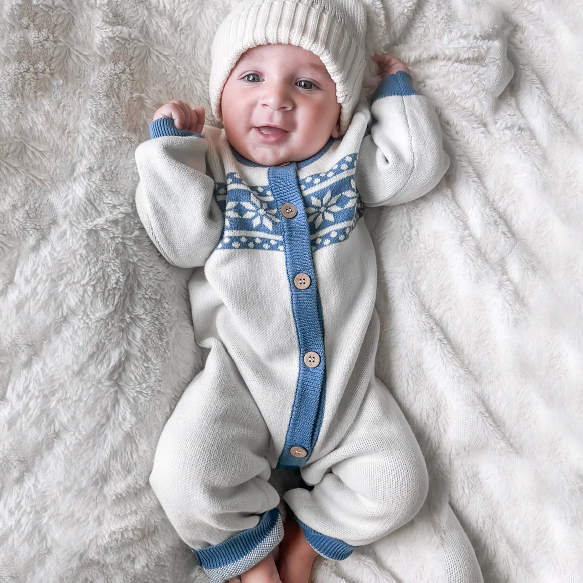Comfy Striped Snowflakes Knit Long Sleeve Baby Jumpsuit