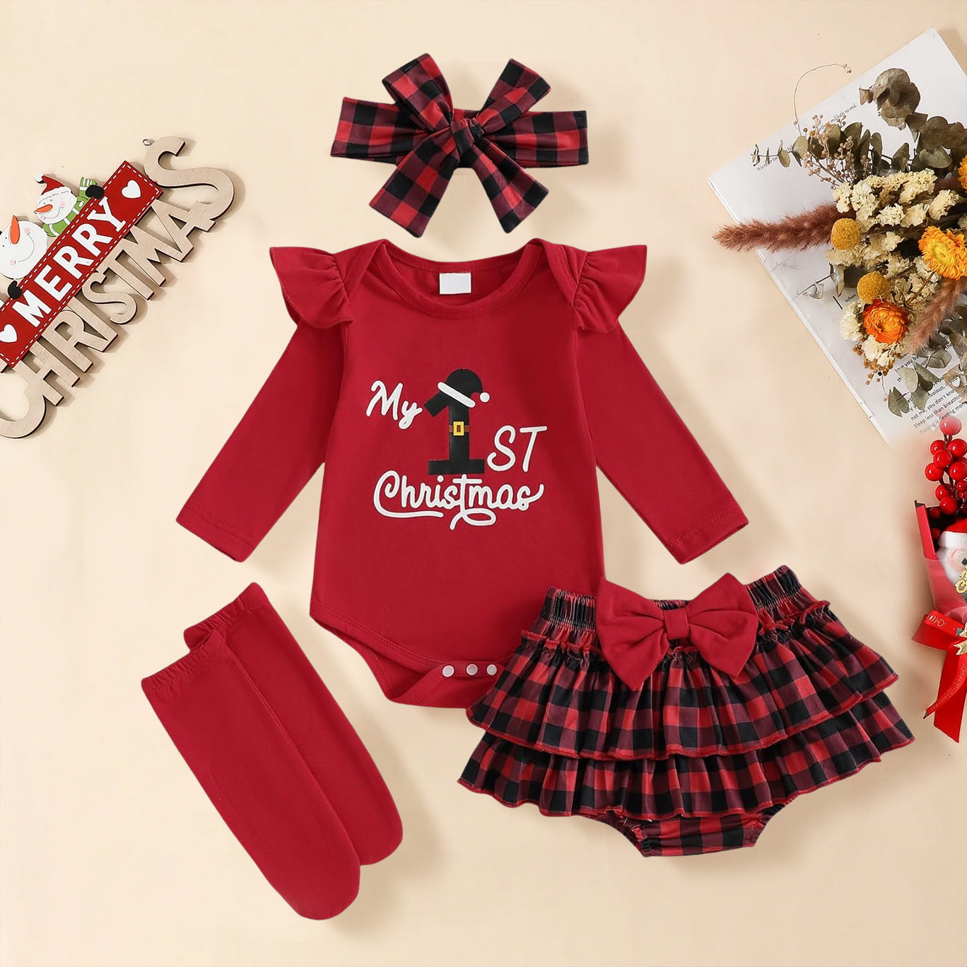 4PCS My 1st Christmas Letter Print Plaid Long Sleeve Baby Set