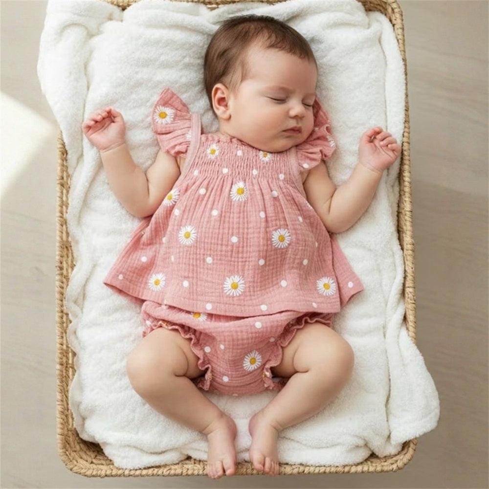 2PCS Summer Cute Daisy Printed Fly Sleeve Baby Set