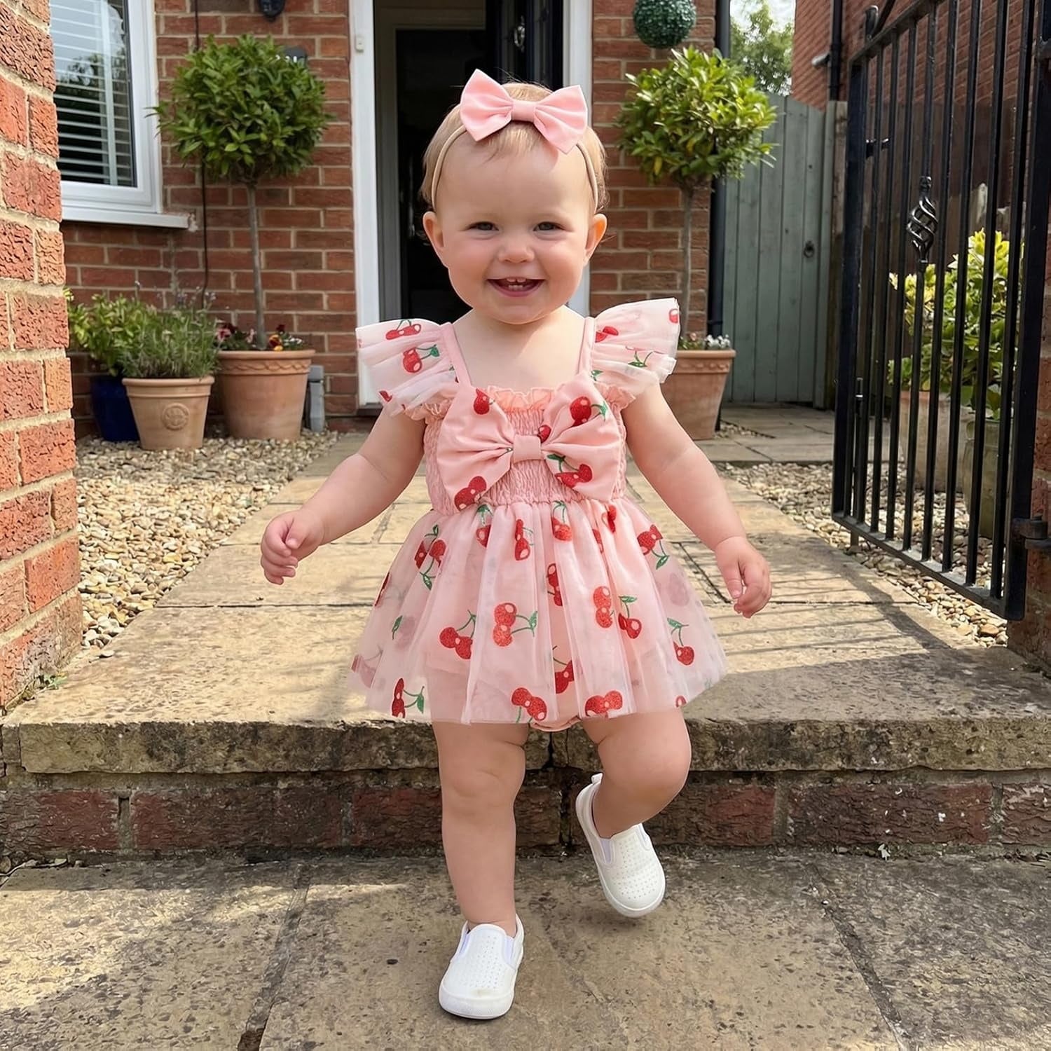 2PCS Lovely Cherry Print Tulle Flutter Sleeve Baby Romper
