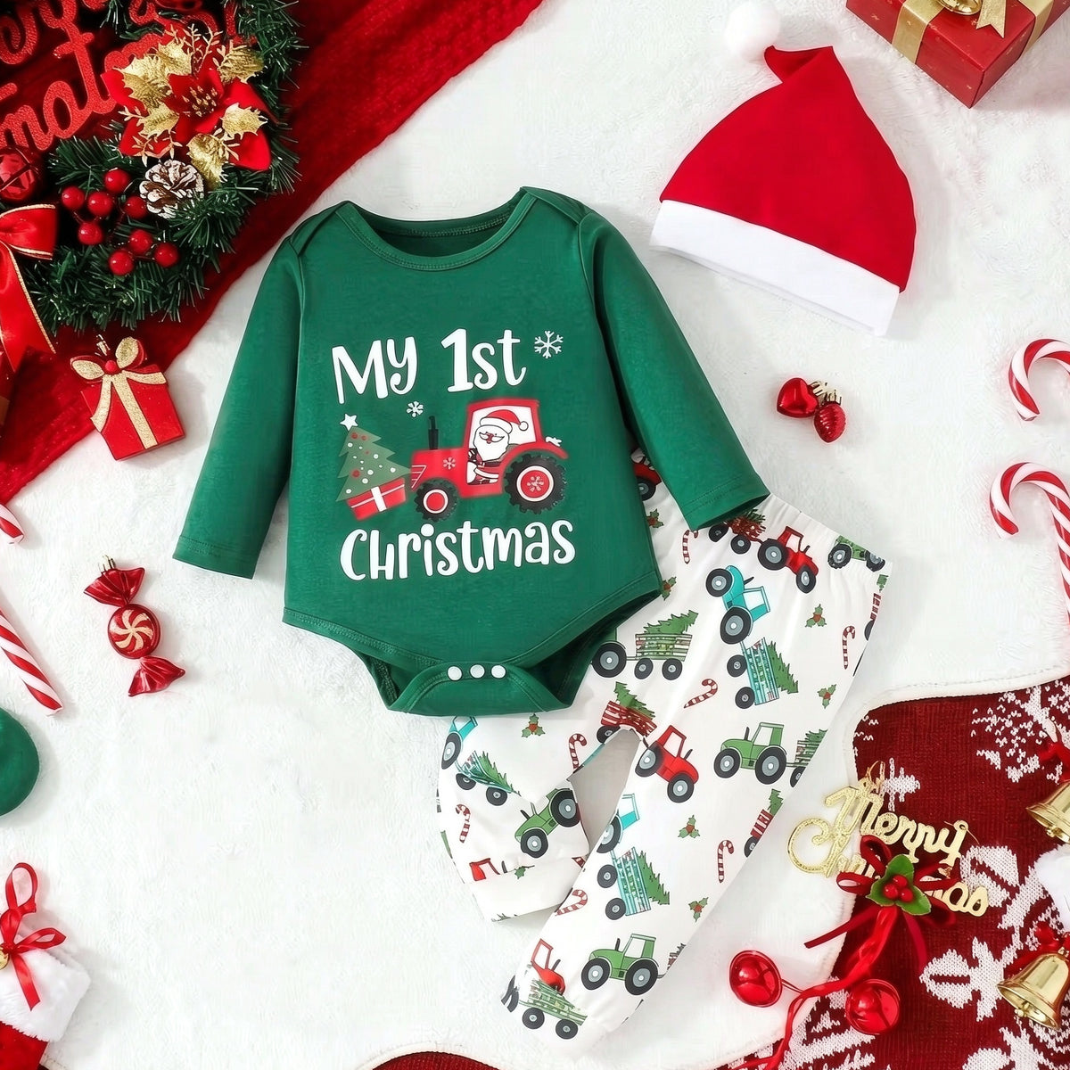 3PCS Cozy My 1st Christmas Letter Tractor Tree Printed Baby Boy Set