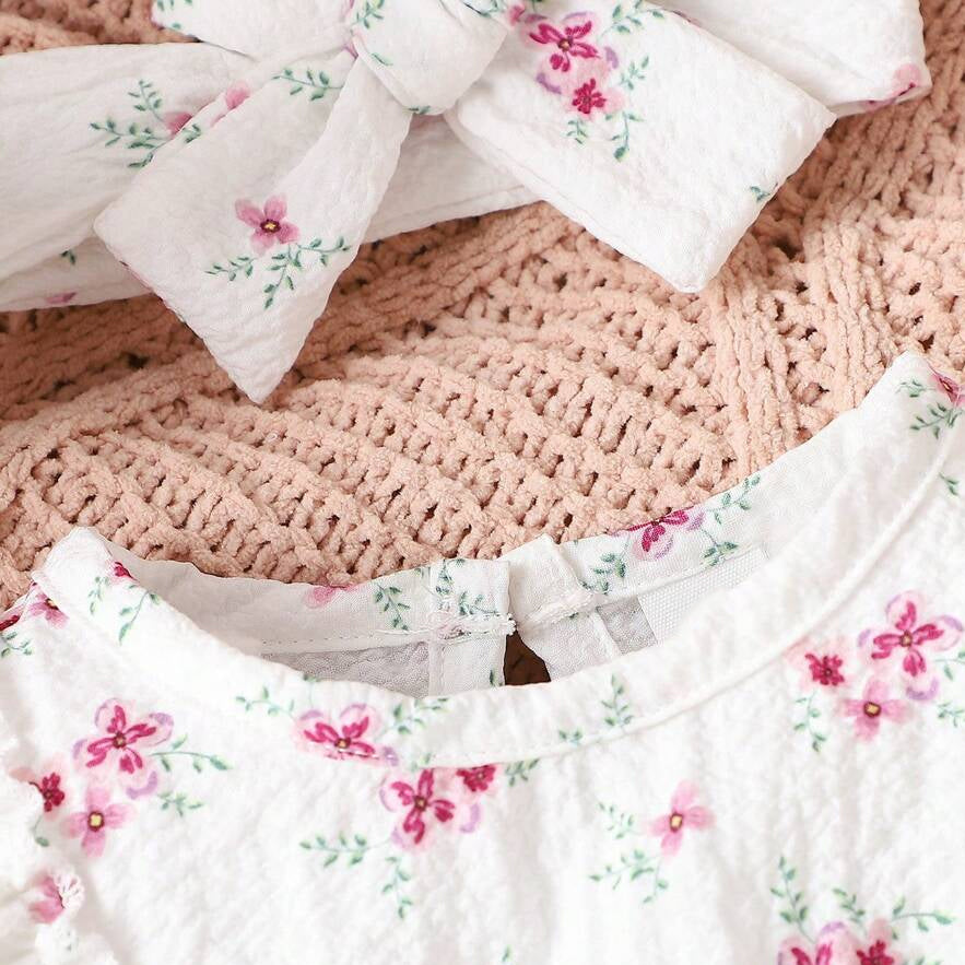 2PCS Allover Floral Printed Ruffle Long Sleeve Baby Girl Jumpsuit
