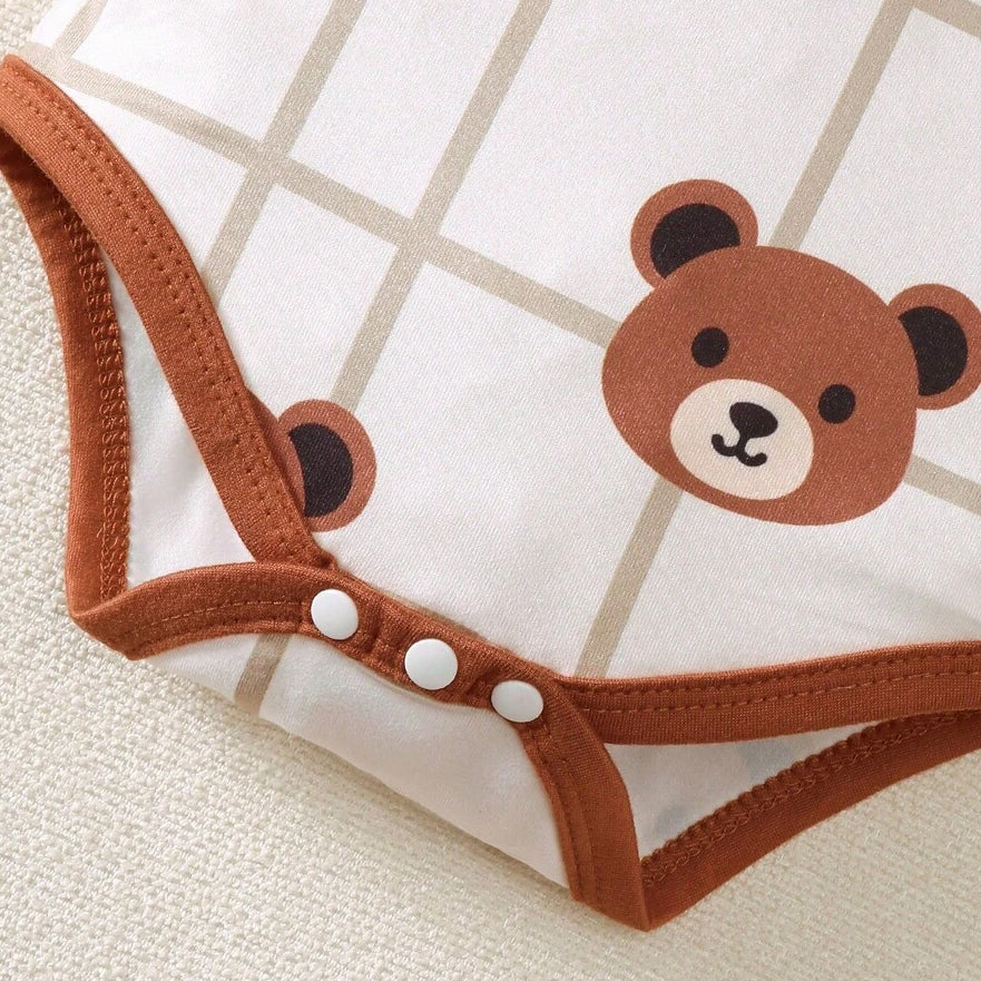 3PCS Cute Bear & Geometric Grid Print Short Sleeve Baby Set