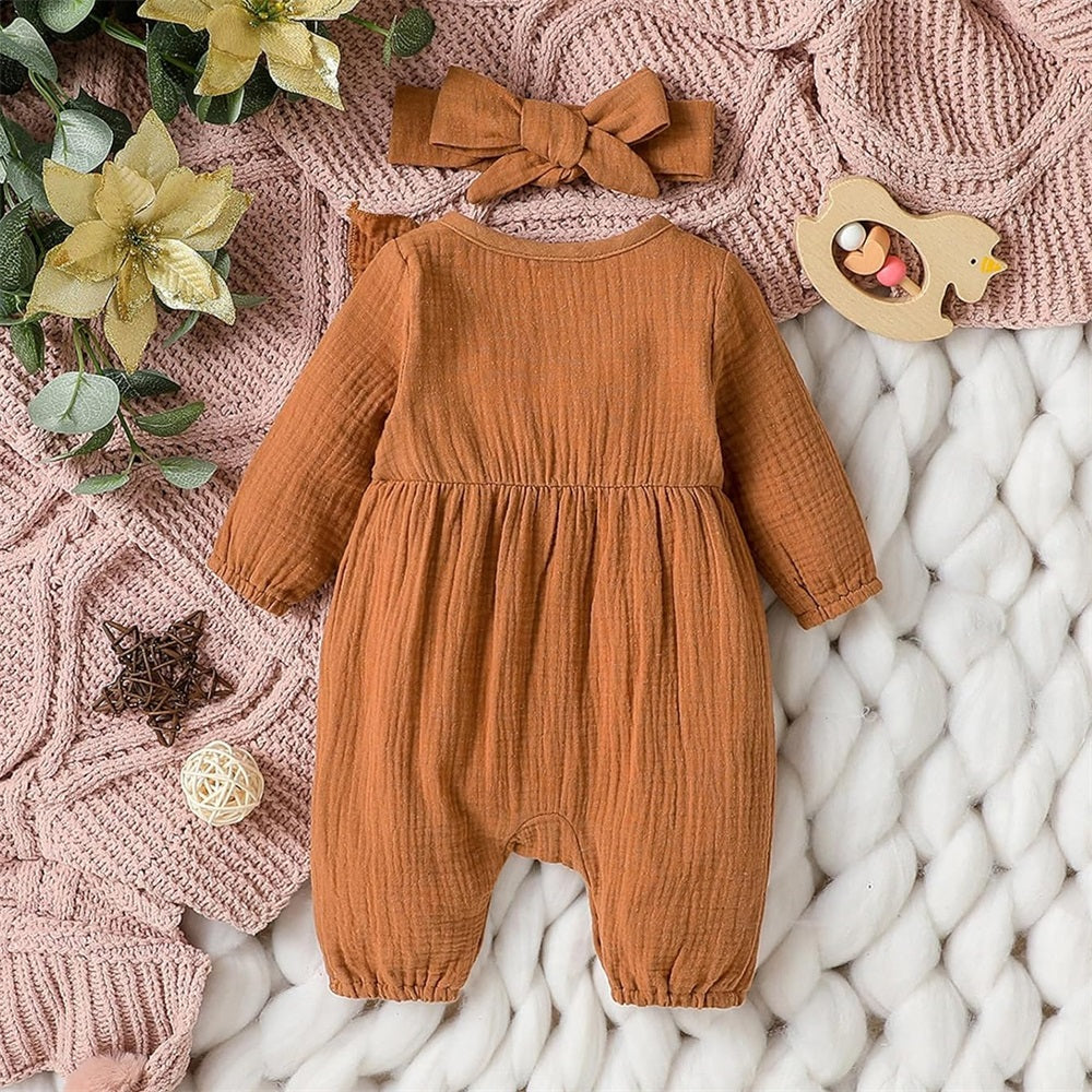2PCS Solid Color Ruffle Trim Long Sleeve Baby Jumpsuit