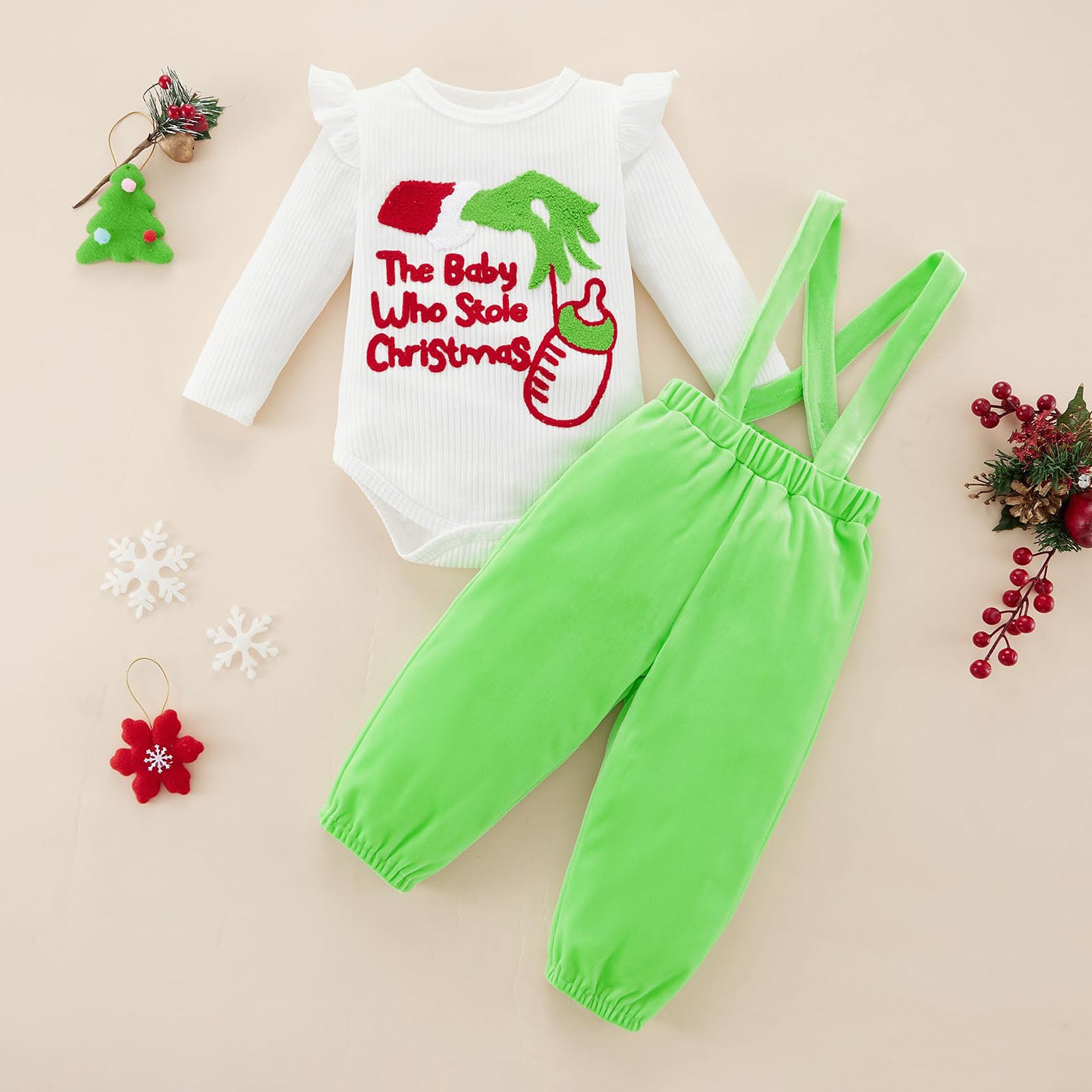 2PCS The Baby Who Stole Christmas Letter Printed Baby Overalls Set