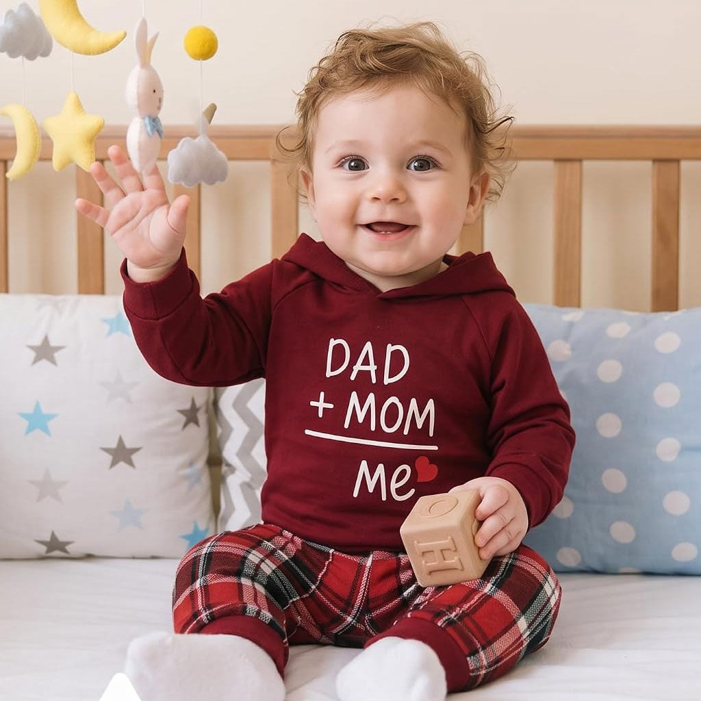 2PCS Dad Plus Mom Equals Me Letter Plaid Printed Hooded Baby Set