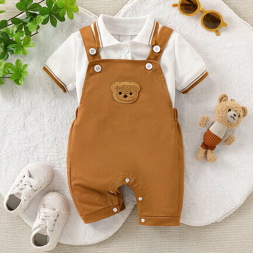 2PCS Cute Cartoon Bear Appliqués Short Sleeve Baby Overalls Set