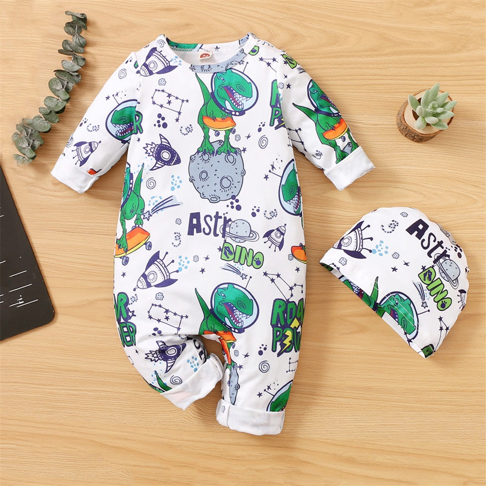 2PCS Space Dinosaur Print Long Sleeve Baby Jumpsuit