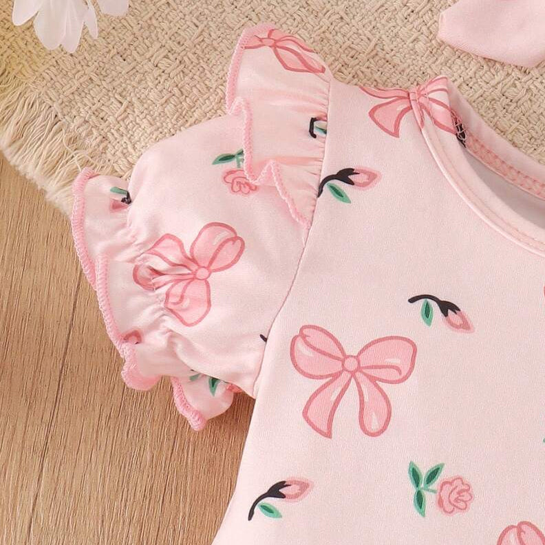 3PCS Chic Bow & Floral Print Short Sleeve Baby Girl Set