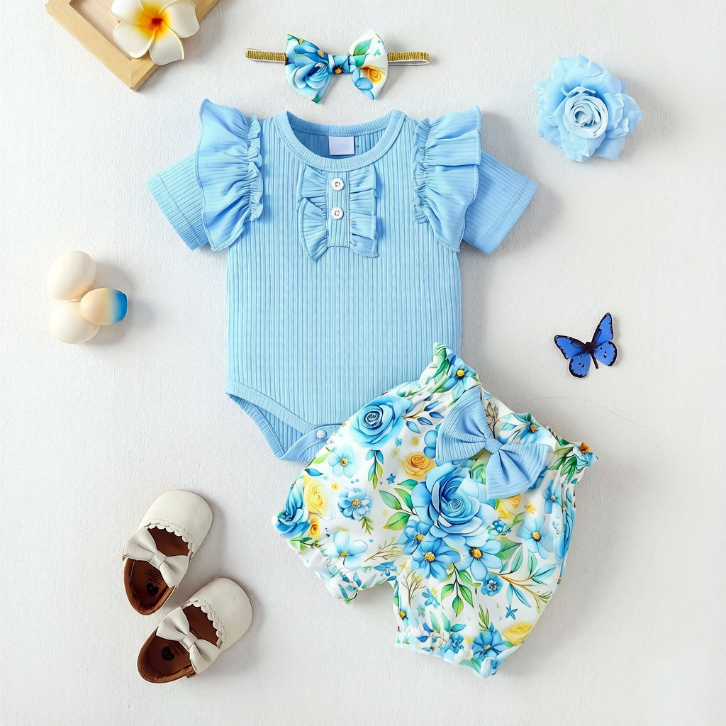 3PCS Chic Floral Printed Short Sleeve Baby Set