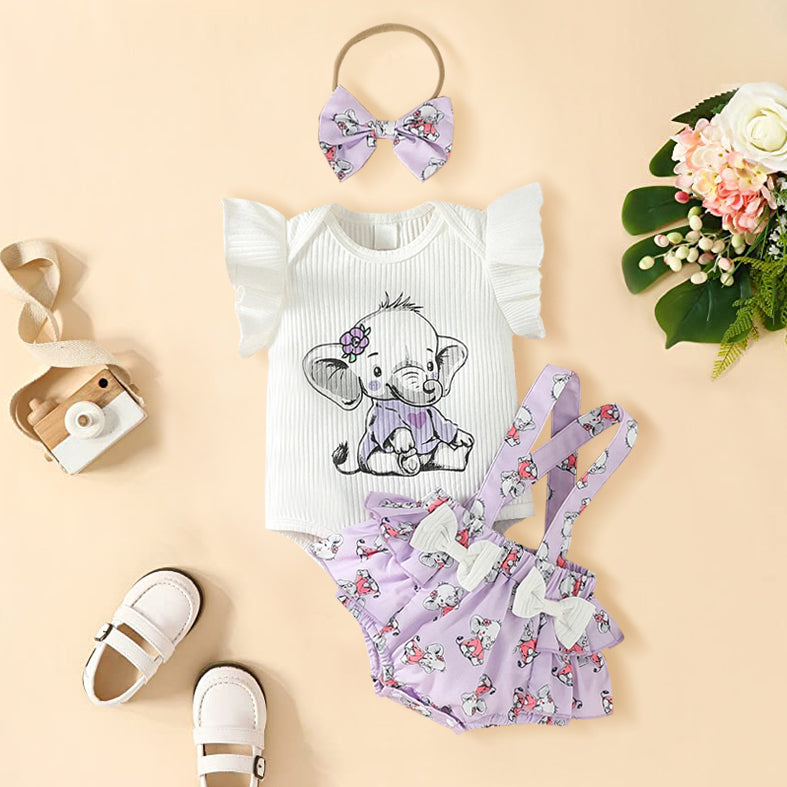 3PCS Cute Elephant Printed Sleeveless Baby Girl Set