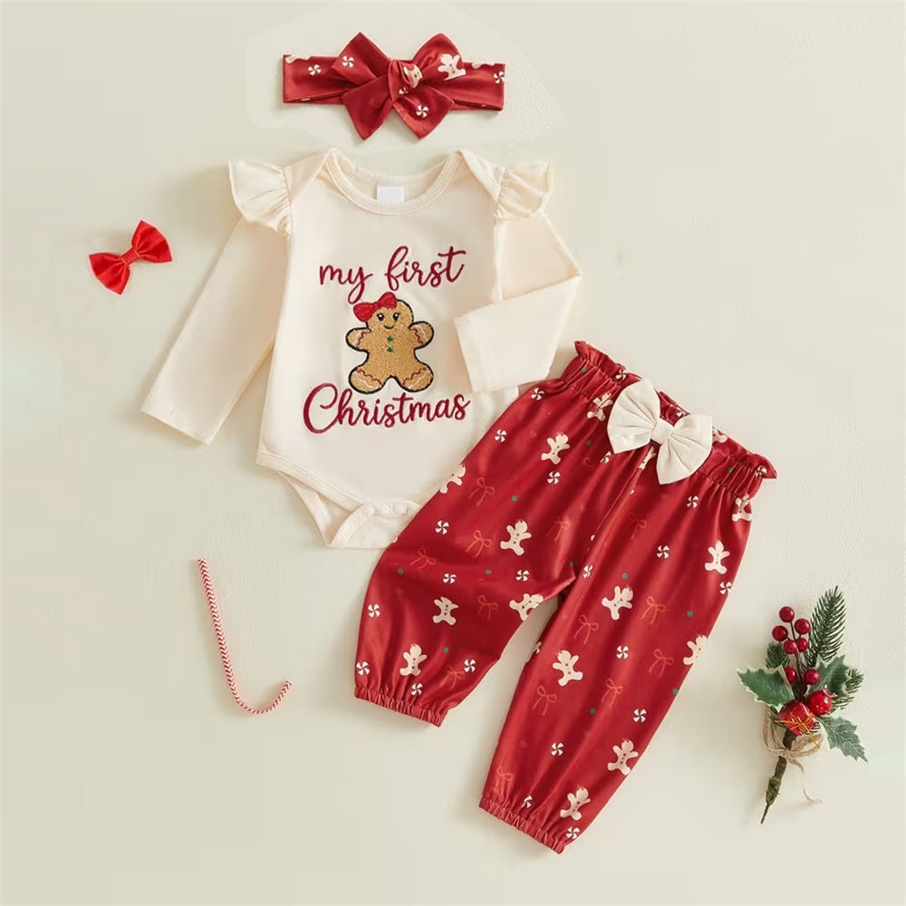 3PCS My First Christmas Letter Embroidery Gingerbread Print Baby Set