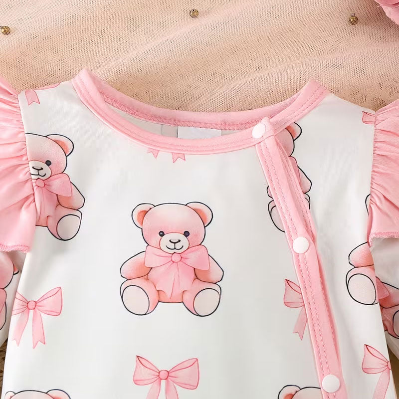 Sweet Bear Bowknot Print Ruffle Long Sleeve Baby Jumpsuit
