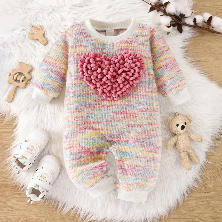 Colorful Thick Fleece Heart Embroidery Long Sleeve Baby Jumpsuit