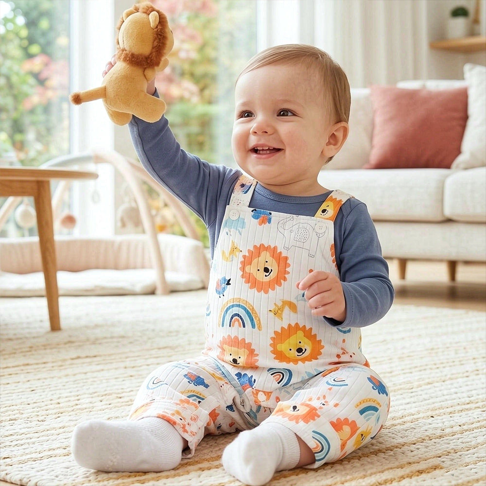 2PCS Cute Animal Print Long Sleeve Baby Boy Overalls Set