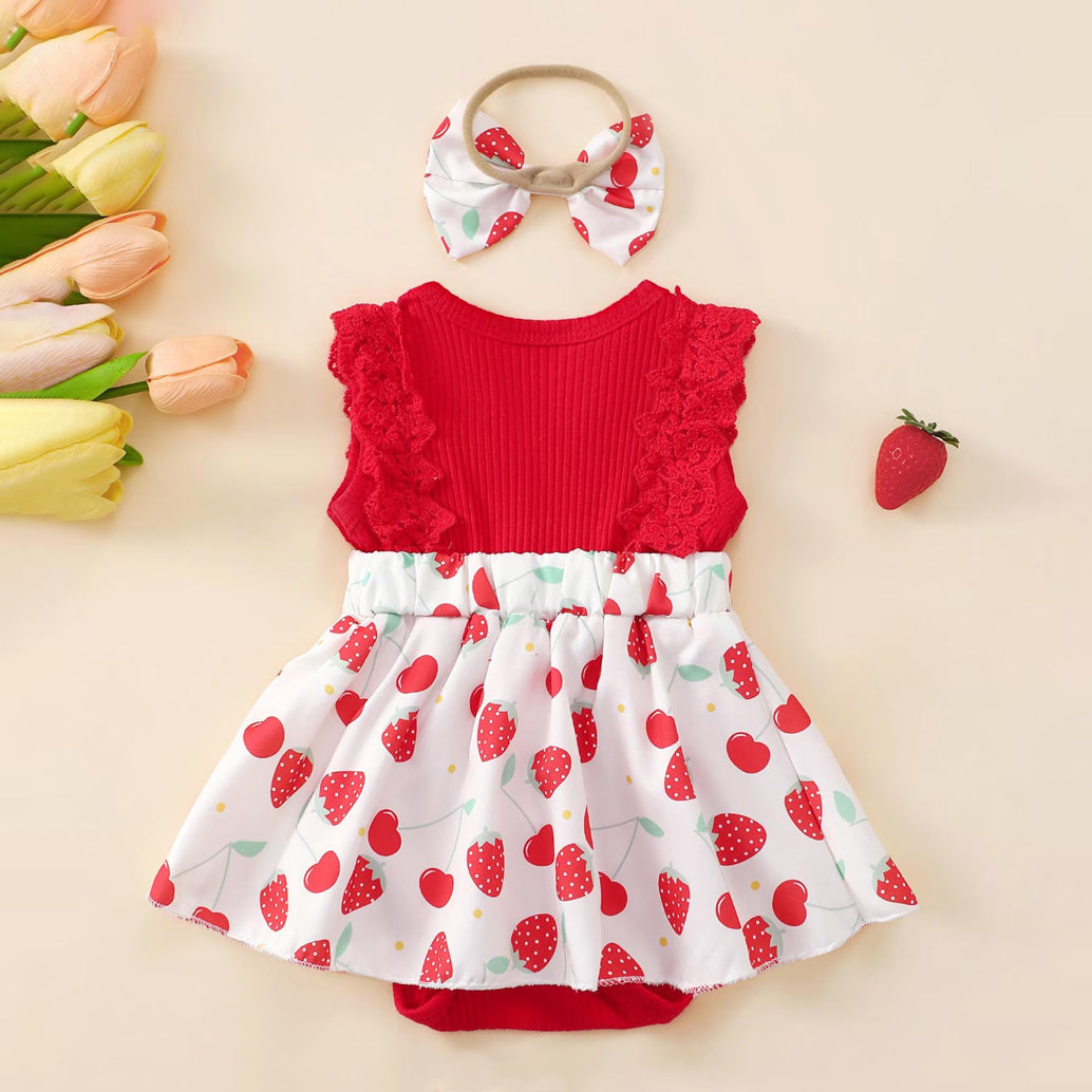 2PCS Cute Strawberry Cherry Print Sleeveless Baby Romper