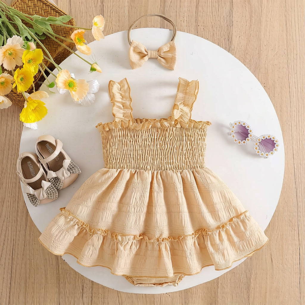 2PCS Grace Solid Color Ruffled Sleeveless Baby Romper