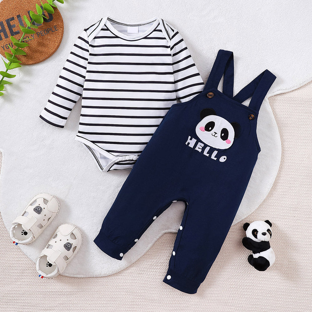 2PCS Stripe Panda Printed Long Sleeve Baby Set