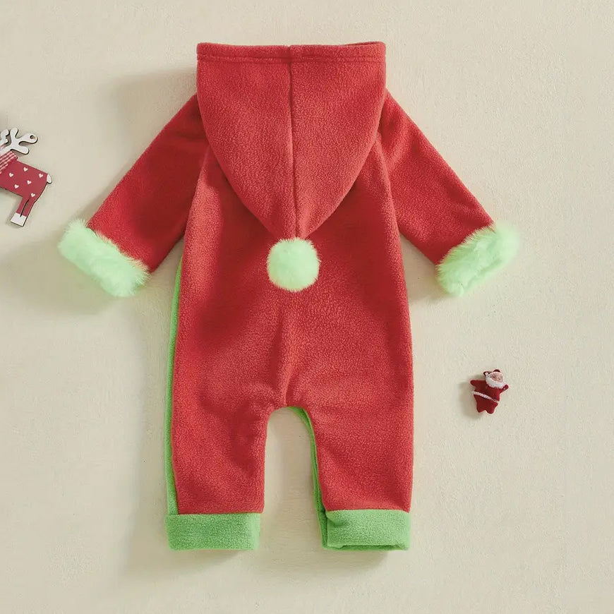 Christmas Elf Long Sleeve Plush Baby Hooded Jumpsuit